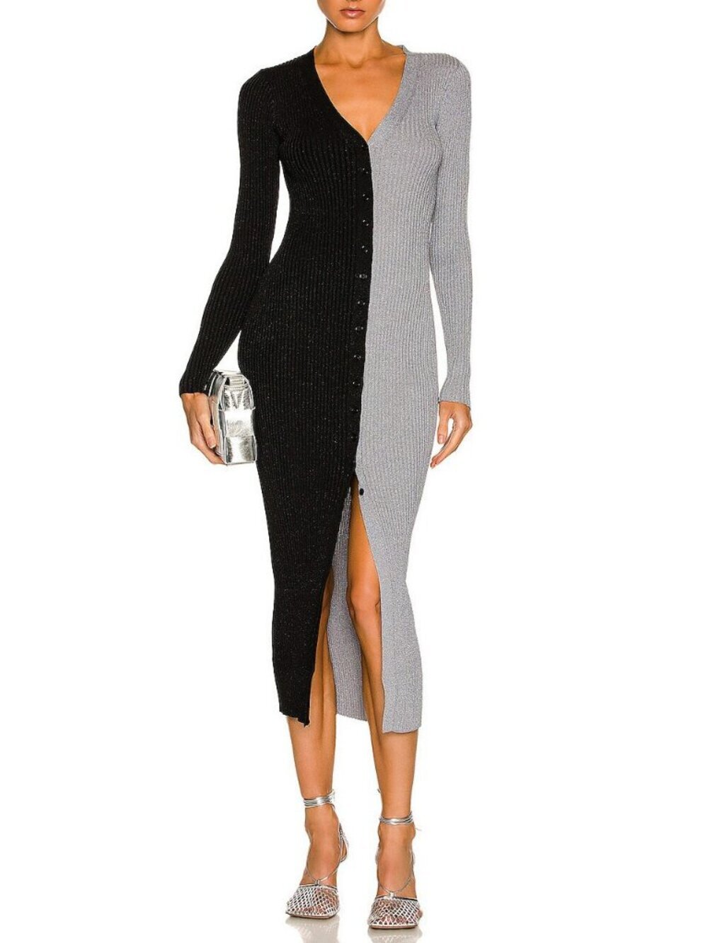 New Staud Shoko Glitter Ribbed Colorblock Dress Black Silver L $195
